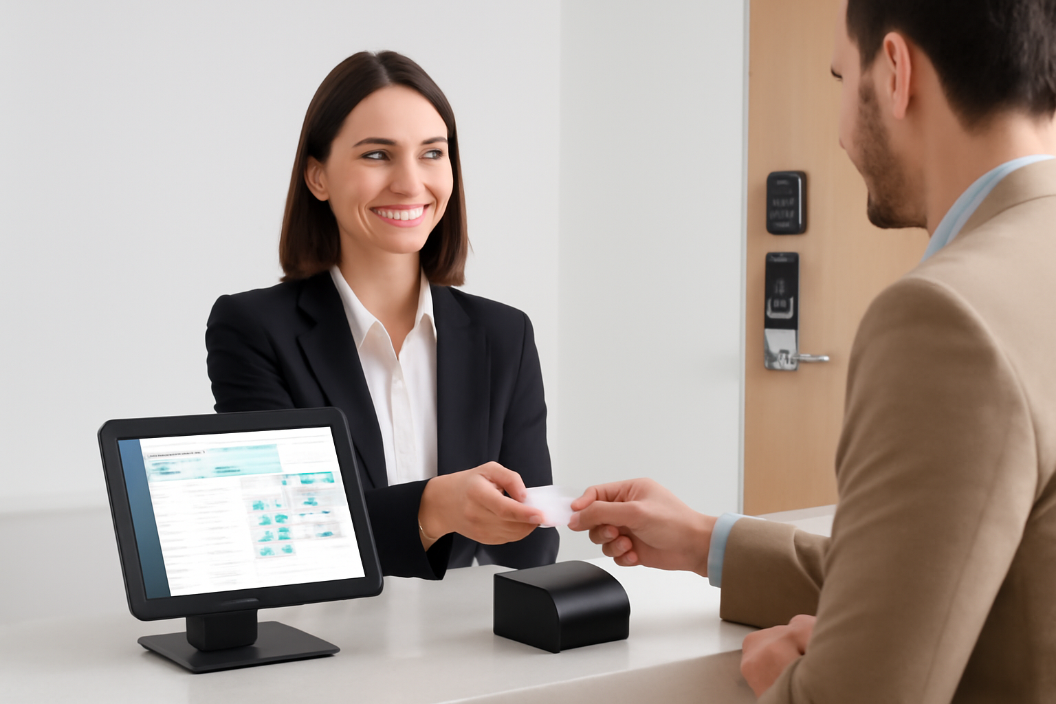 Lễ tân nhà nghỉ đang sử dụng phần mềm quản lý để tích hợp với khóa cửa điện tử, thể hiện sự hiện đại và hiệu quả trong vận hành.