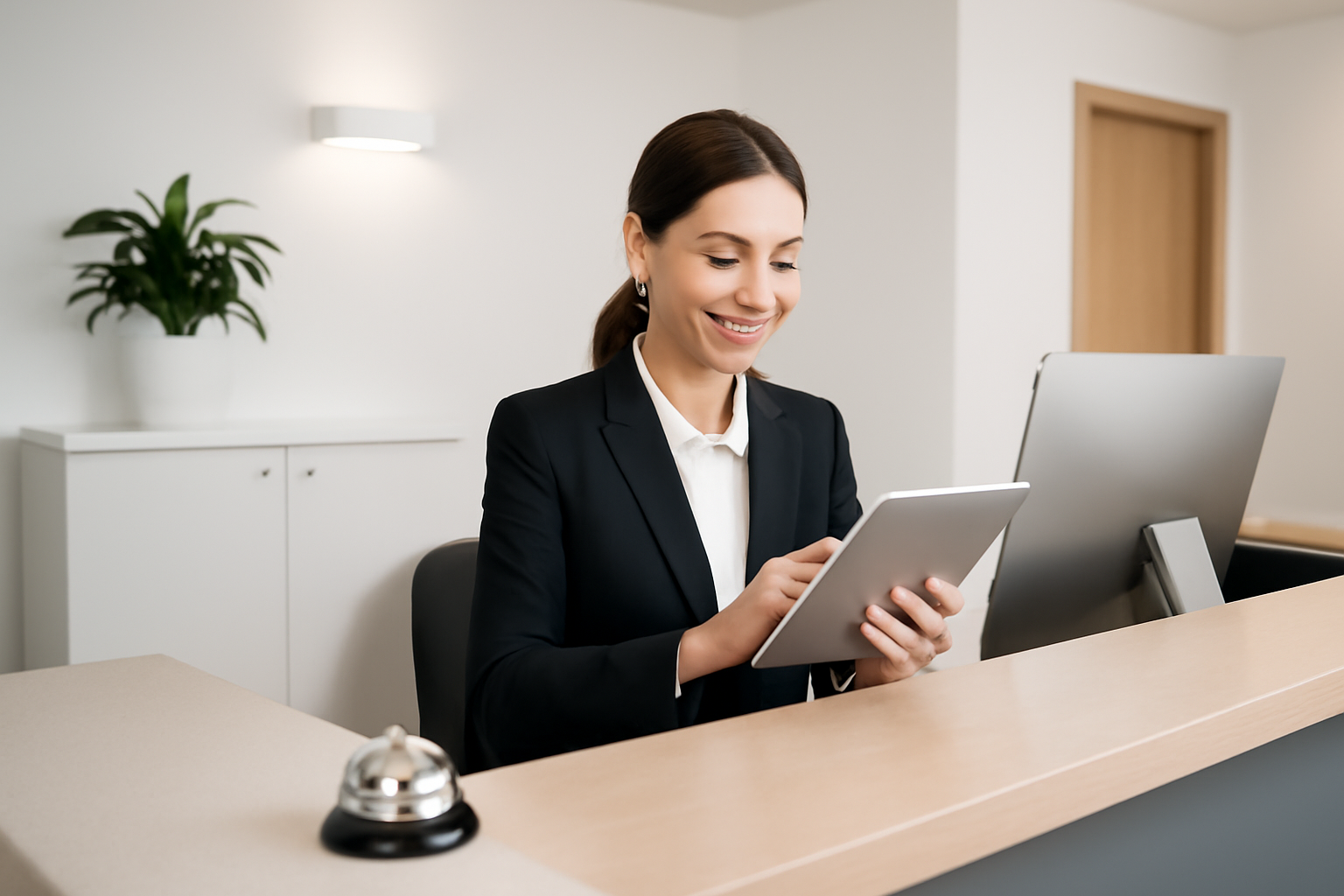 Nữ lễ tân đang sử dụng máy tính bảng để tối ưu quy trình check-in check-out tại nhà nghỉ mini
