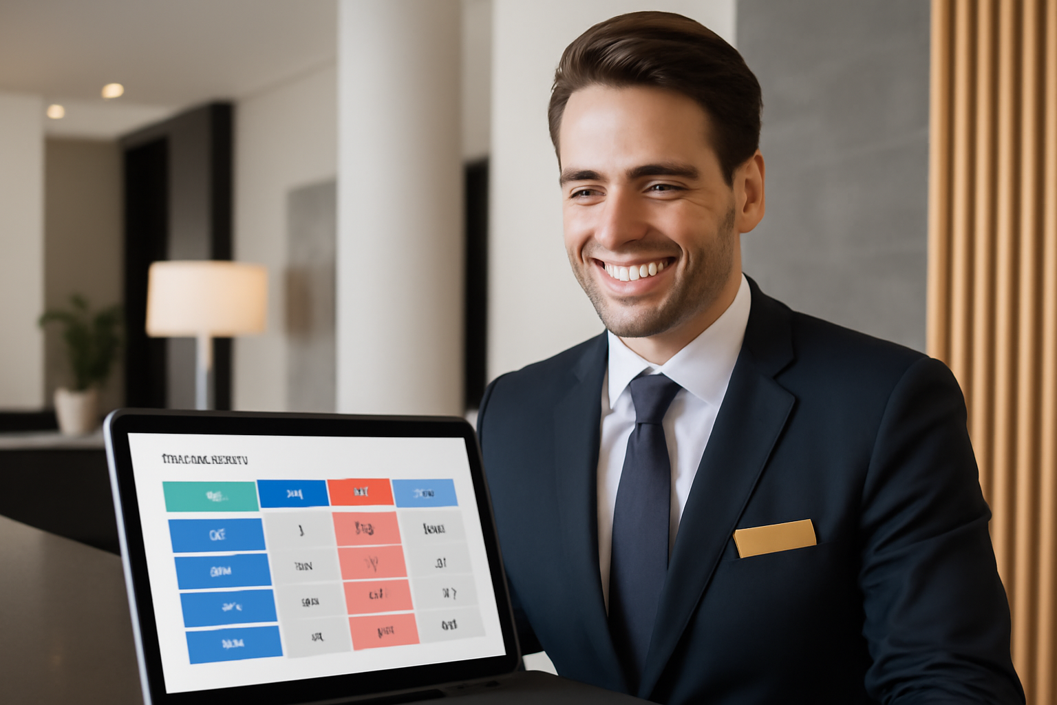 Lễ tân đang sử dụng phần mềm quản lý nhà nghỉ để theo dõi tình trạng phòng trống real-time