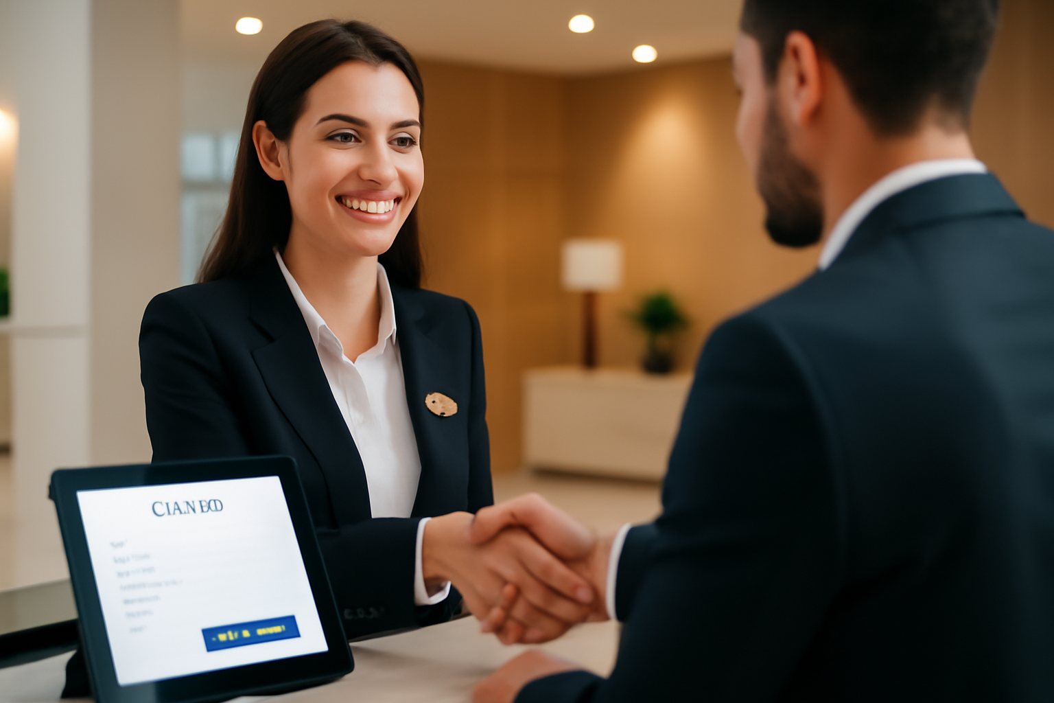 Lễ tân nhà nghỉ đang sử dụng phần mềm để đăng ký tạm trú online cho khách, thể hiện sự chuyên nghiệp và tiện lợi.