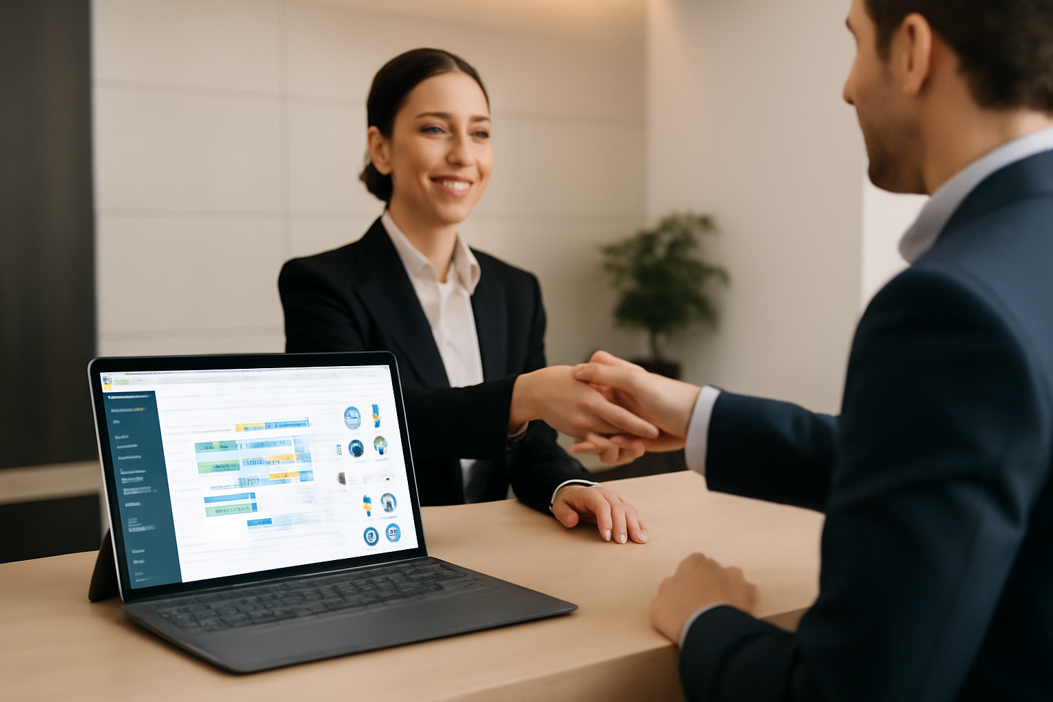 Lễ tân đang sử dụng phần mềm quản lý nhà nghỉ trên nền tảng web dễ sử dụng để hỗ trợ khách hàng