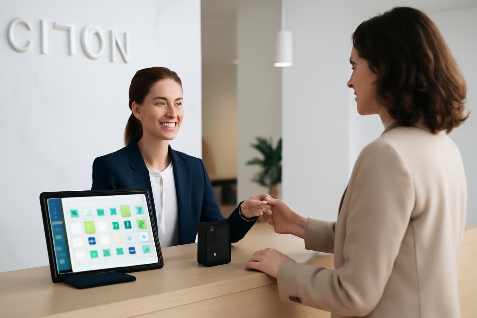 Lễ tân đang sử dụng phần mềm quản lý nhà nghỉ để theo dõi thời gian thuê phòng và tự động khóa phòng khi hết giờ, tối ưu vận hành