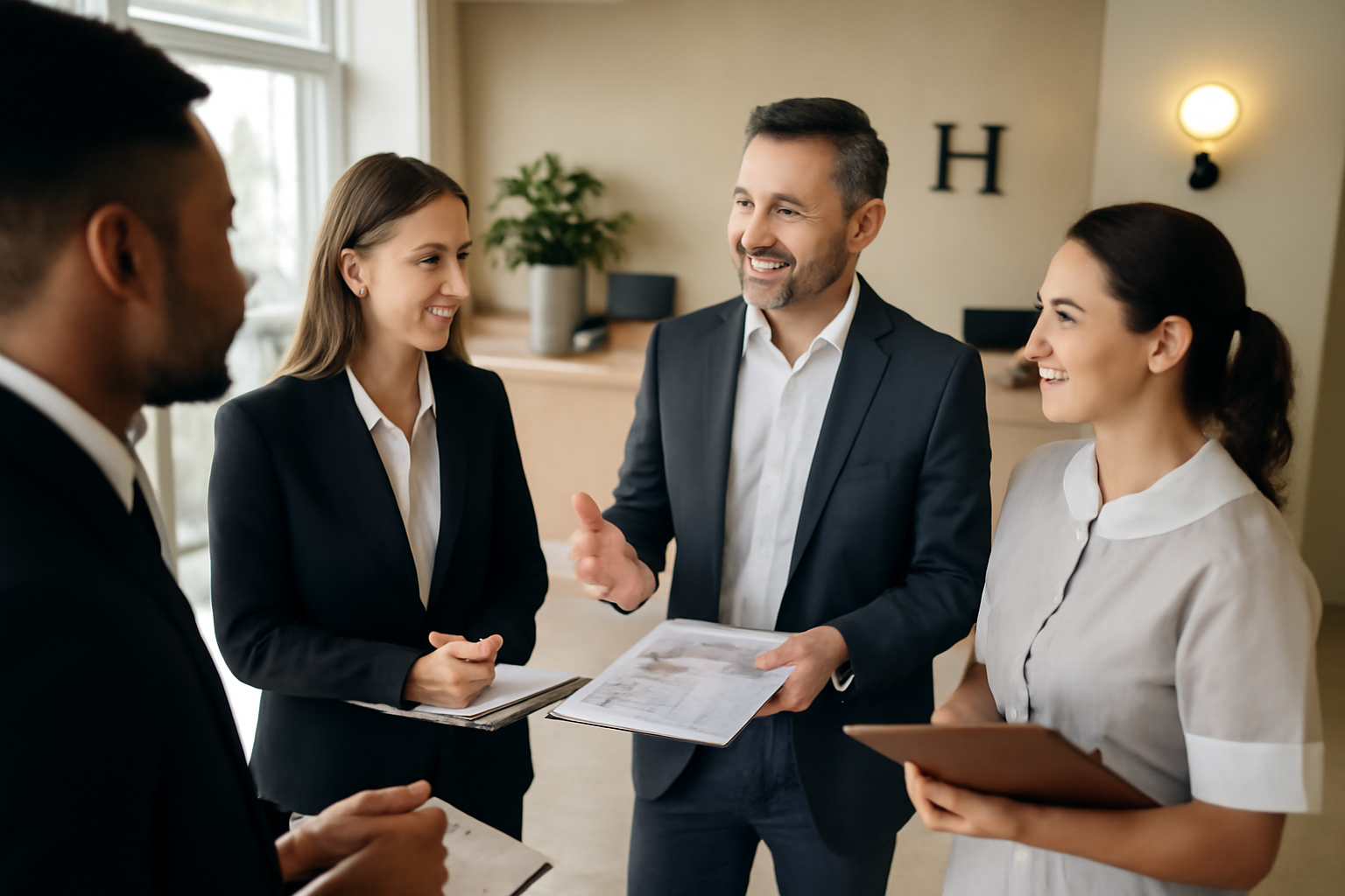 Chủ nhà nghỉ thảo luận về hiệu suất làm việc với nhân viên dựa trên dữ liệu phần mềm