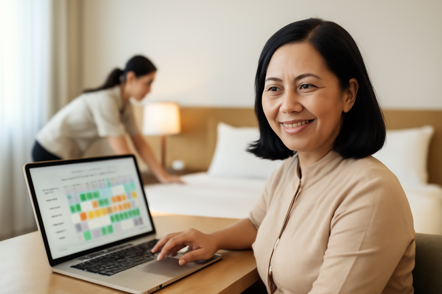 Chủ nhà nghỉ vui vẻ kiểm tra lịch phòng và công suất trên phần mềm quản lý