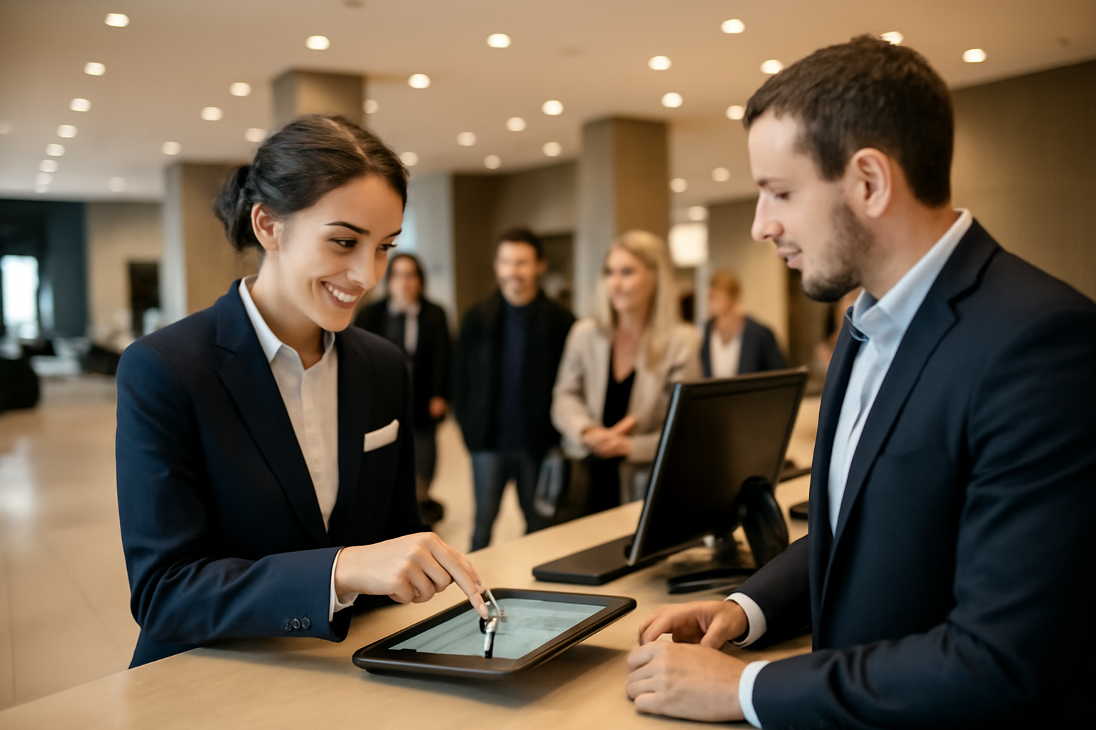 Nhân viên nhà nghỉ đang thao tác trên máy tính để kiểm tra tình trạng phòng và check-in khách nhanh chóng