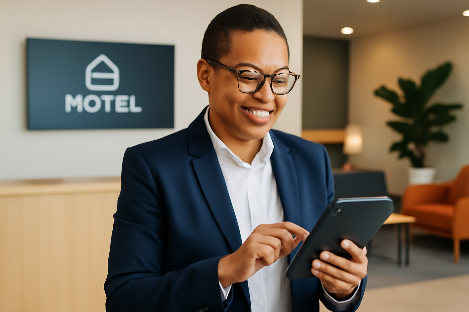 Chủ nhà nghỉ đang kiểm tra báo cáo doanh thu trên app quản lý khách sạn mini