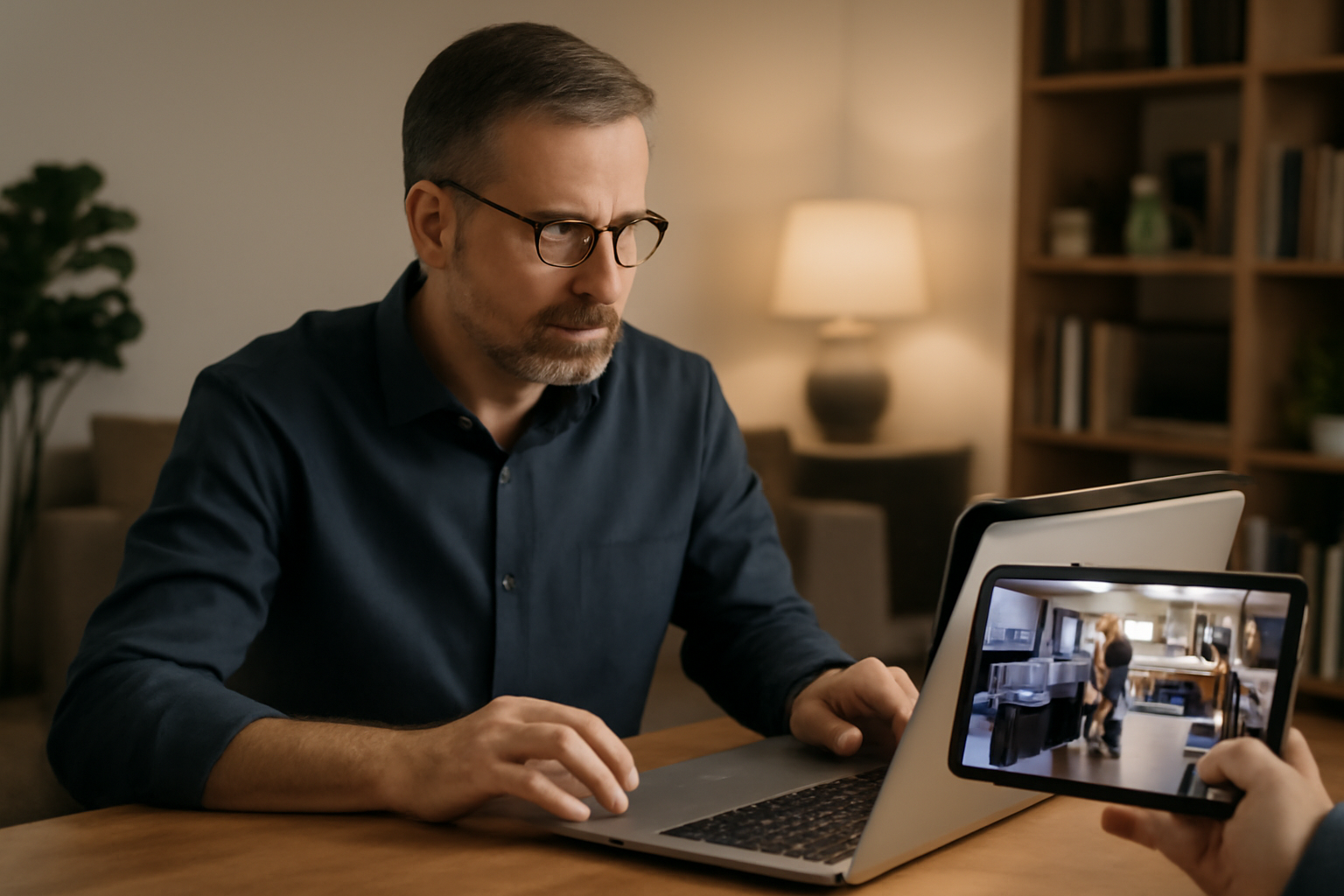 Chủ nhà nghỉ quản lý từ xa qua laptop và camera an ninh để kiểm soát nhân viên