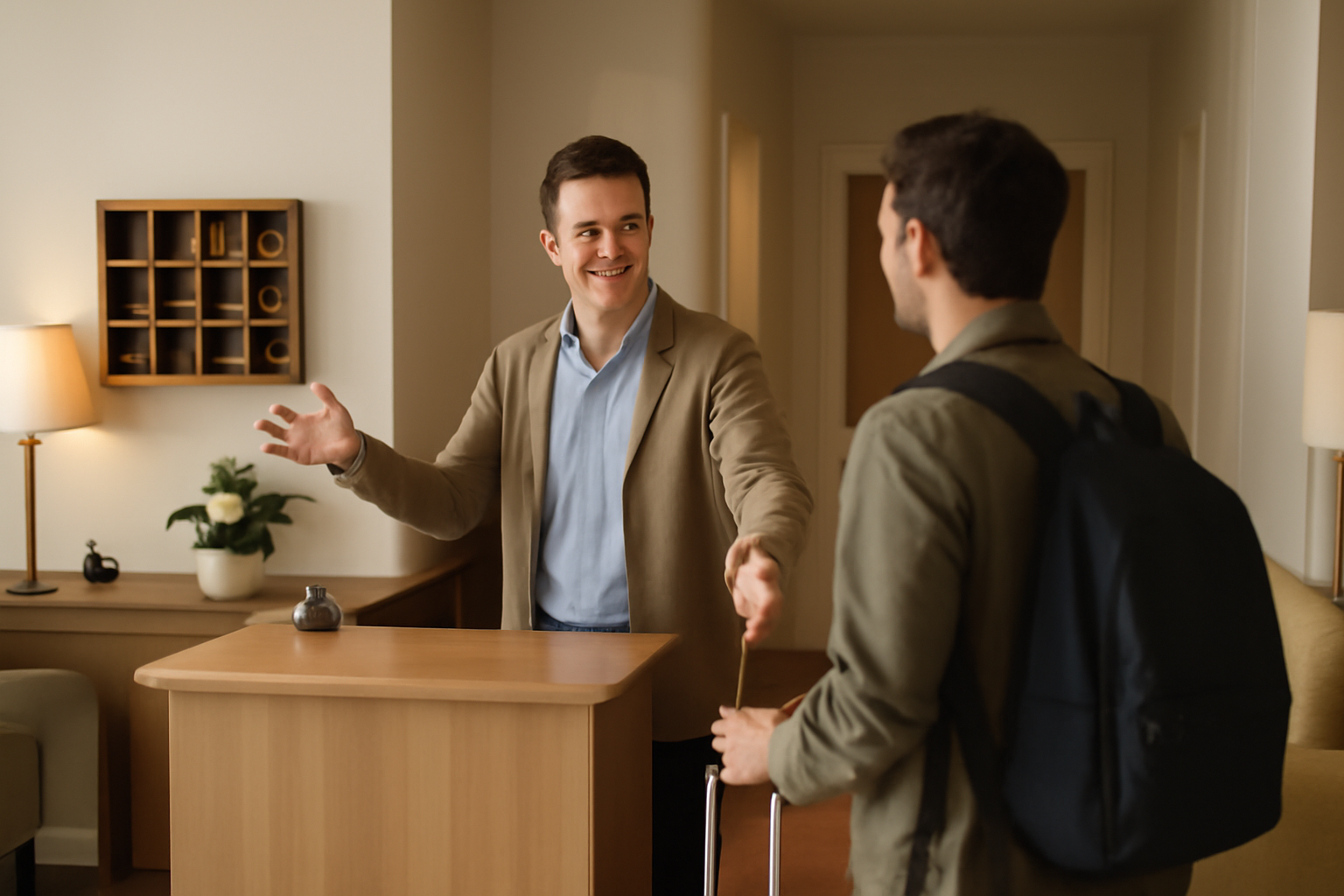 Chủ nhà nghỉ nhỏ đang niềm nở đón khách, thể hiện sự chuyên nghiệp và dịch vụ chu đáo nhờ quy trình vận hành trơn tru được hỗ trợ bởi phần mềm quản lý.