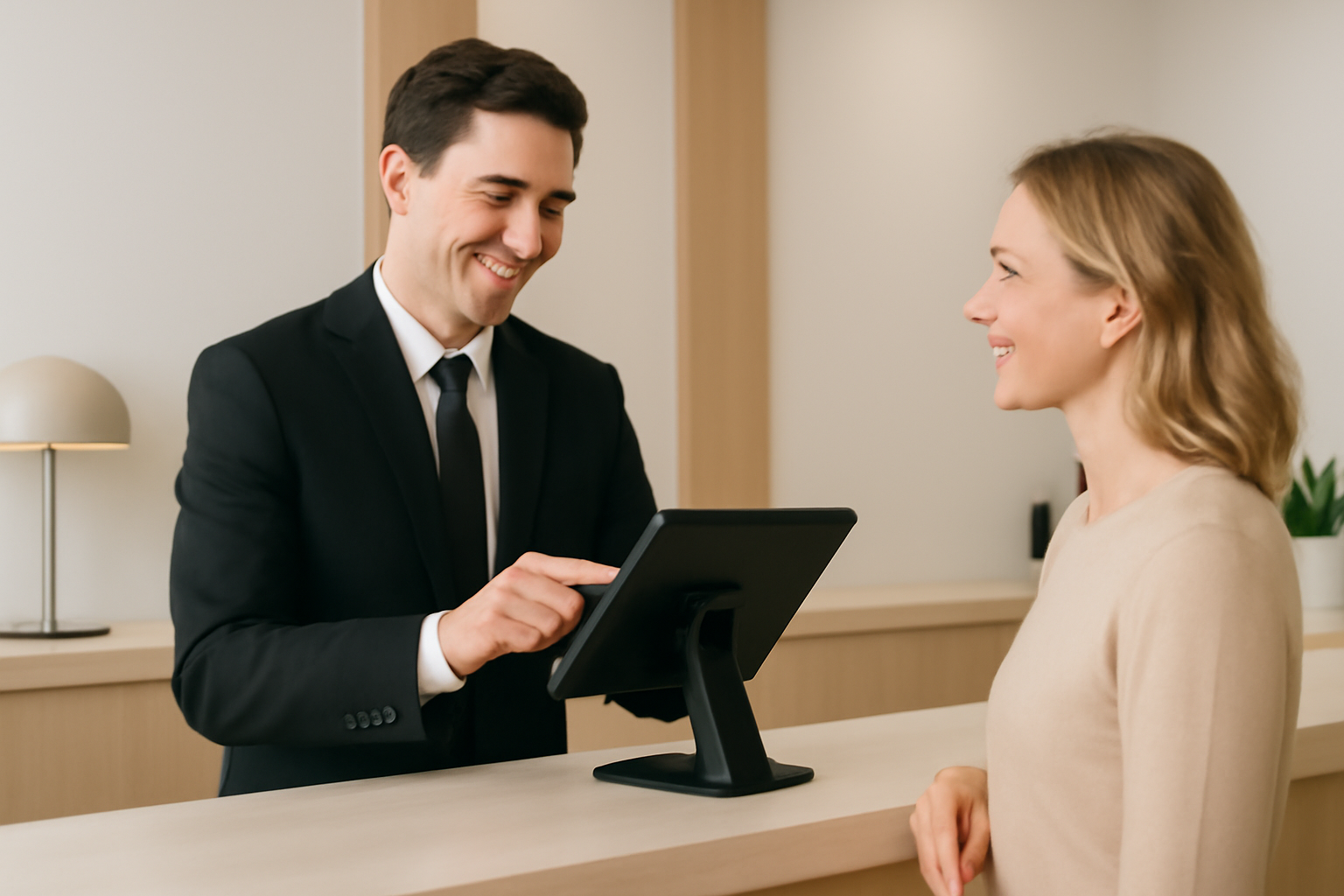 Lễ tân đang thao tác trên phần mềm quản lý mới mượt mà, giúp khách hàng check-in nhanh chóng và hài lòng.