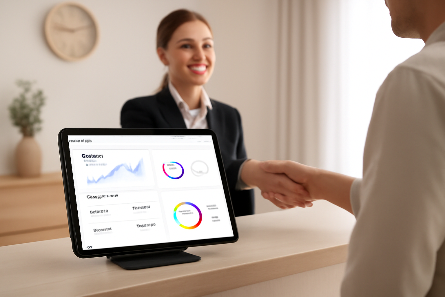 Màn hình máy tính bảng hiển thị giao diện phần mềm EPOS365 với các báo cáo công nợ và trạng thái phòng