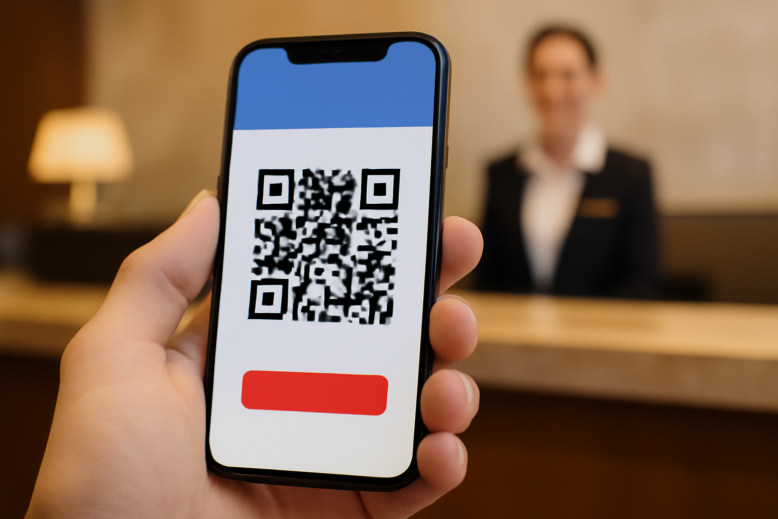 Màn hình điện thoại hiển thị mã QR thanh toán VNPAY tại quầy lễ tân nhà nghỉ