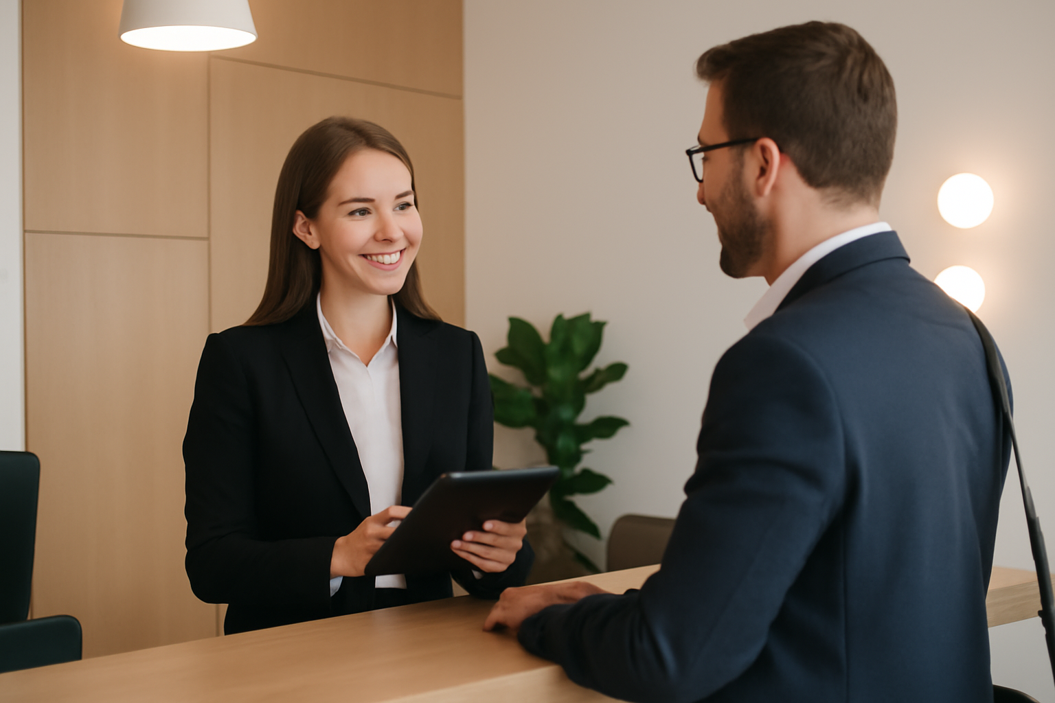 Lễ tân nhà nghỉ đang thu thập thông tin khách hàng mới trong quá trình check-in nhanh chóng và thân thiện.