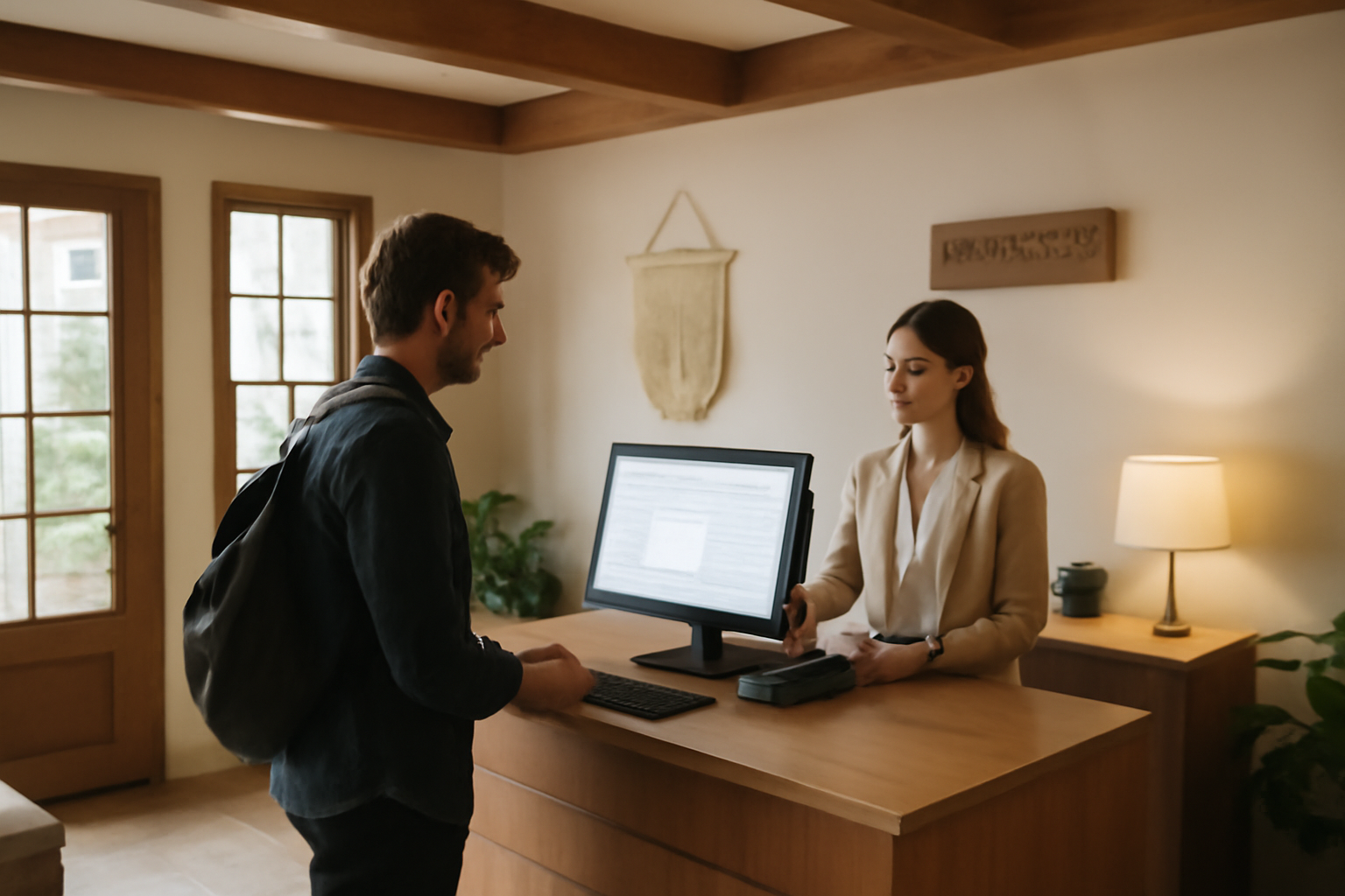 Nhân viên nhà nghỉ đang sử dụng phần mềm EPOS365 để quản lý check-out cho khách hàng