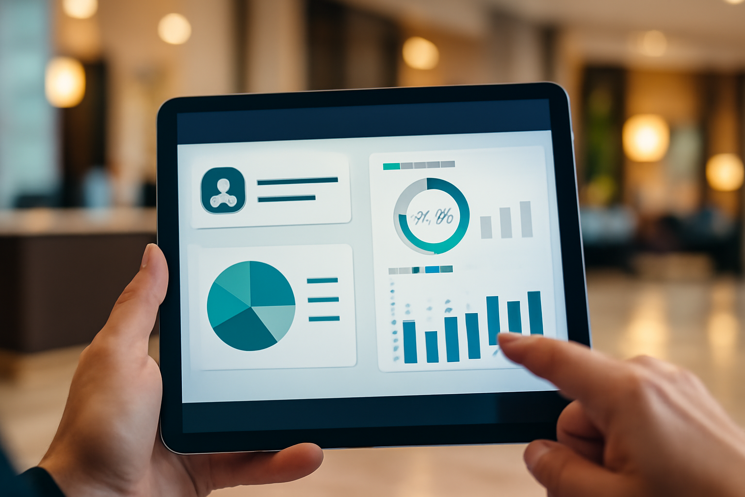 Màn hình máy tính bảng hiển thị giao diện phần mềm CRM với thông tin khách quen, lịch sử đặt phòng và ưu đãi cá nhân hóa.