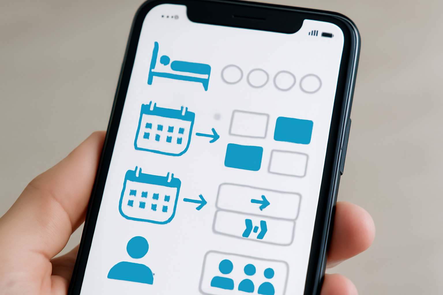 Giao diện phần mềm quản lý đặt phòng online trên điện thoại di động, hiển thị thông tin phòng trống và lịch đặt phòng dễ nhìn.
