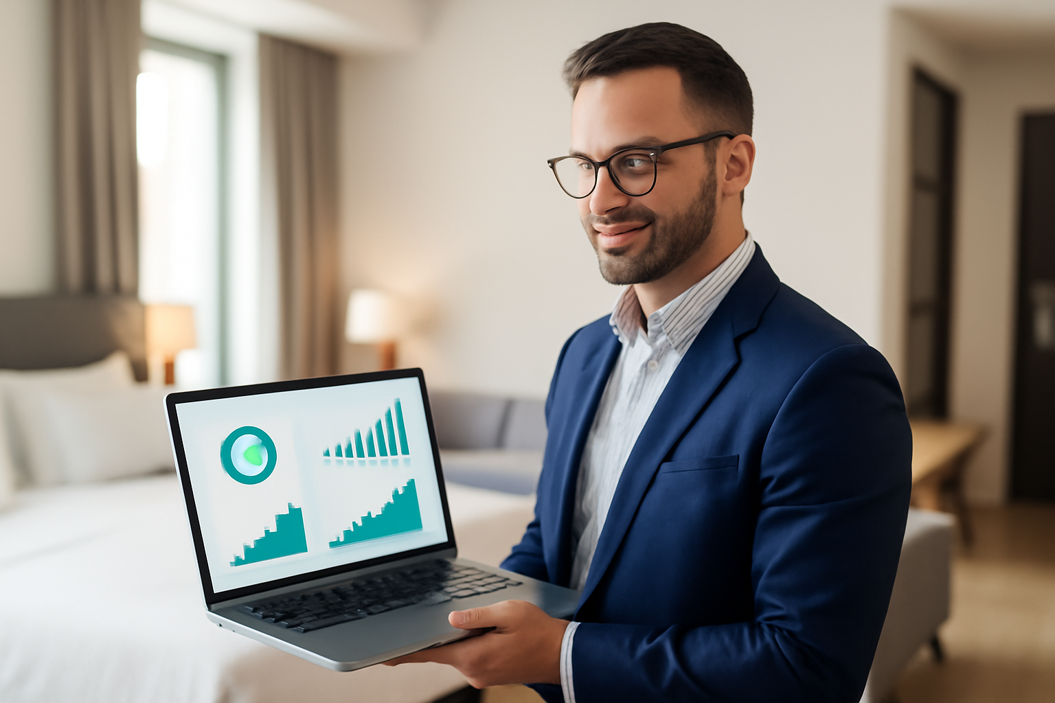 Chủ nhà nghỉ vui vẻ nhìn báo cáo doanh thu trên phần mềm EPOS365 sau khi tăng công suất phòng