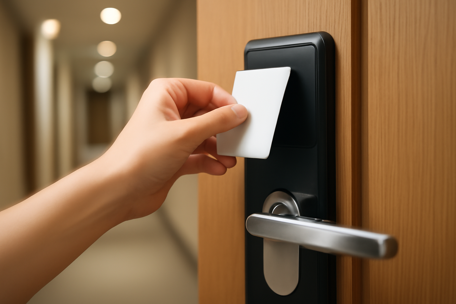 Khóa cửa điện tử tự động trên cửa phòng khách sạn, minh họa tính năng khóa phòng khi hết giờ