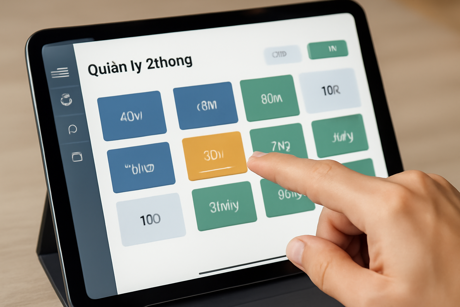 Giao diện phần mềm quản lý nhà nghỉ mini trên máy tính bảng, hiển thị trạng thái phòng trực quan