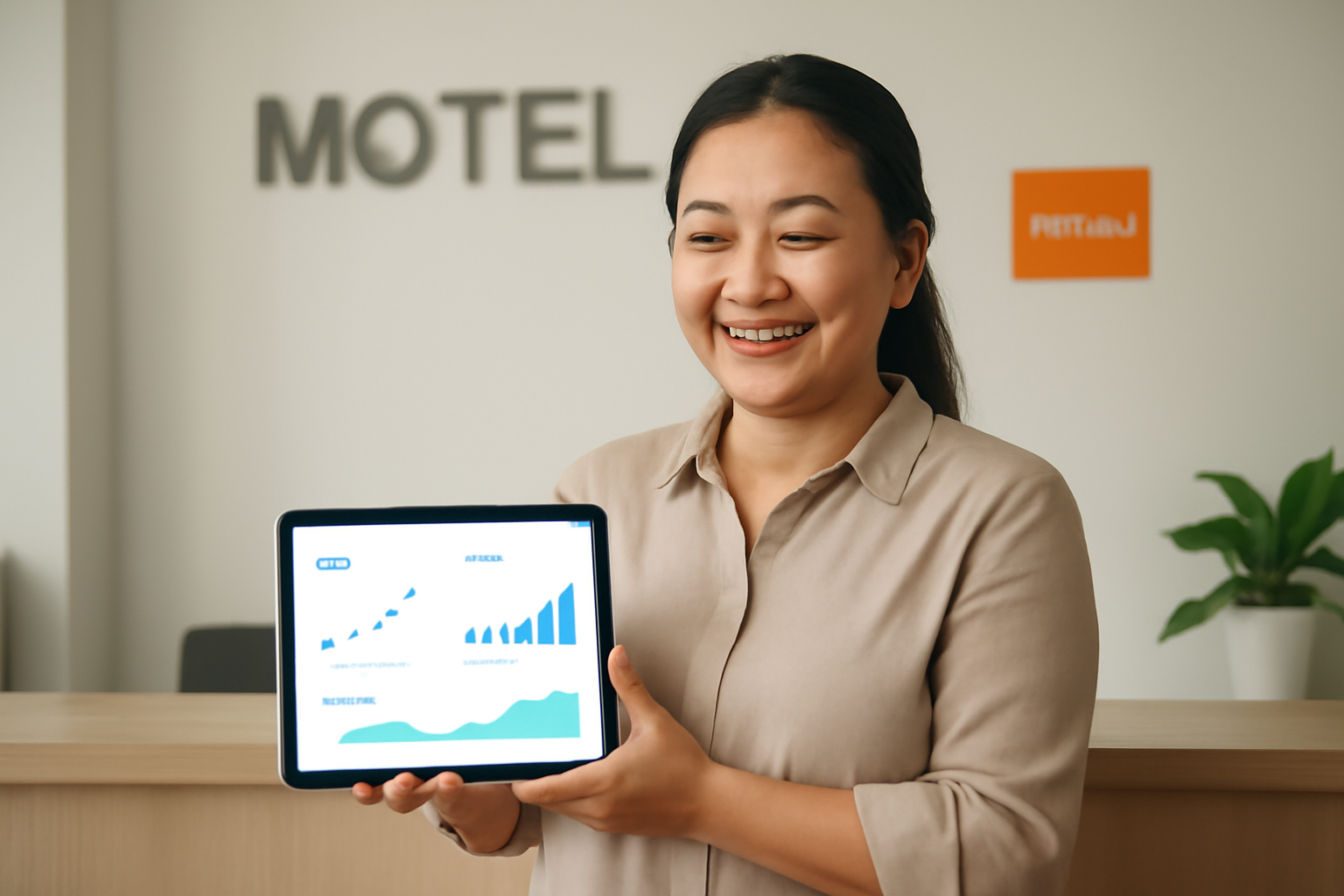 Chủ nhà nghỉ vui vẻ xem báo cáo doanh thu tăng trưởng nhờ áp dụng giá linh hoạt qua phần mềm EPOS365